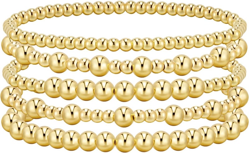 adoyi Gold Bracelets for Women Beaded Bracelet 14K Gold Plated Bracelet Stack Strand Stretch Bead Ball Bracelet Set Stackable Bracelet Adjustable Bracelet Set Jewelry for Gifts - Image 1